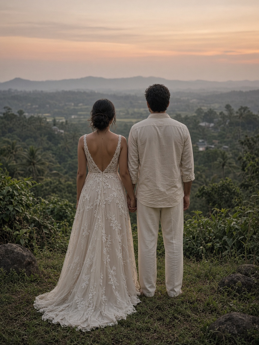 Couple standing with their backs to the camera on a hill