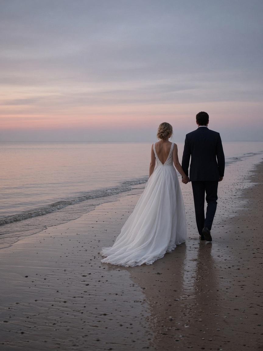 Couple walking away along the shore, seen from behind