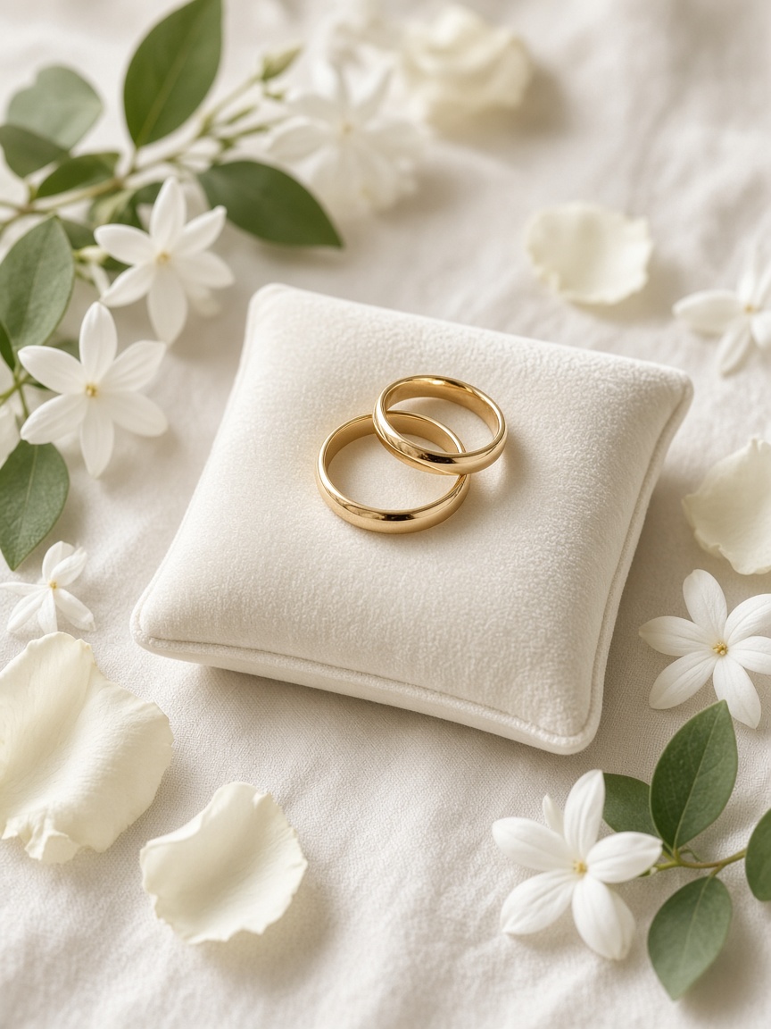 Wedding rings centred among jasmine and pale roses